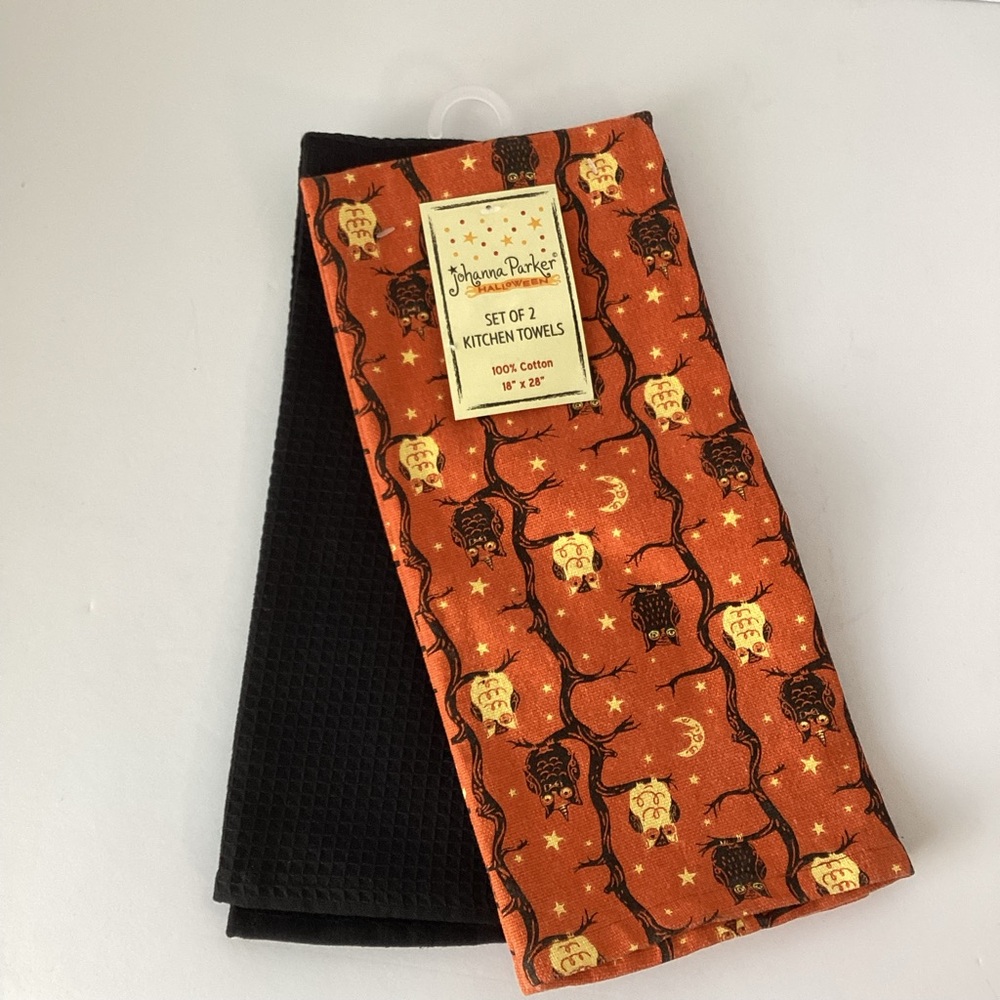 JOHANNA PARKER: 2 piece orange black owl kitchen towel set